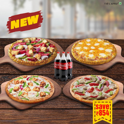 Garlic Delight(Large) + Country Feast(Large) + 8 Cheese (Large) + Makhani Paneer ( Large) + (3)coke