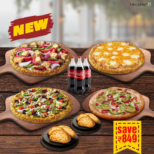 Peri Peri Bite(Large) + 8 Cheese ( Large) + Veggie Vaganza( Med) + Garlic Delight (Med) + (2) Cheese Garlic Bread + (3)coke (750ml)