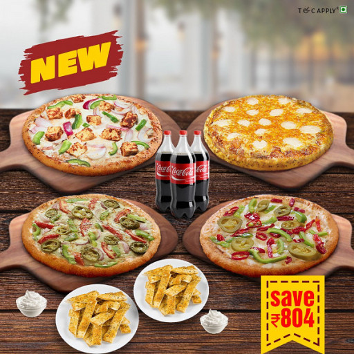 Makhani Paneer( Large) + 8 Cheese ( Large) + Veggie Mexican ( Med) + Smoaky Pepper( Med) + (2) Garlic Sticks + (3) Coke (750ml)