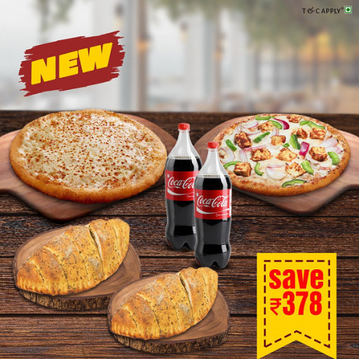 Double Cheese Margherita(Med) + Makhani Paneer ( Med) + (2) Garlic Bread Sticks + (2) Coke(750ml)
